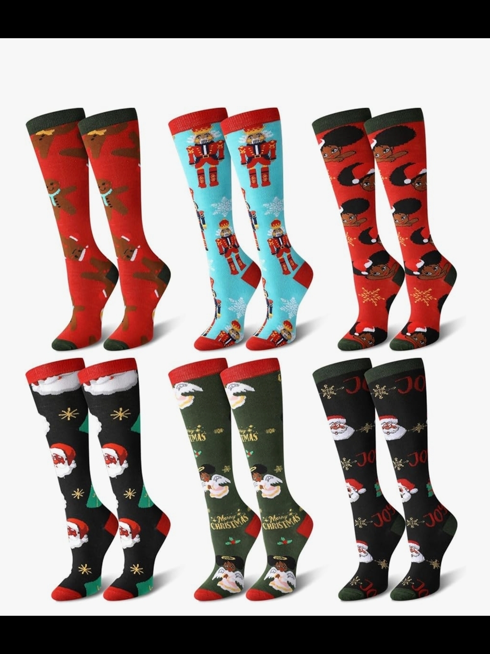 Holiday Knee-High Socks 6-Pack - Red, Light Blue, Black, Green